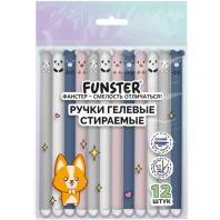 Ручки гелевые стираемые FUNSTER "CUTE ANIMALS", СИНИЕ, НАБОР 12 ШТ., корпус soft-touch, игольчатый узел 0,5 мм, линия письма 0,35 мм, 144435
